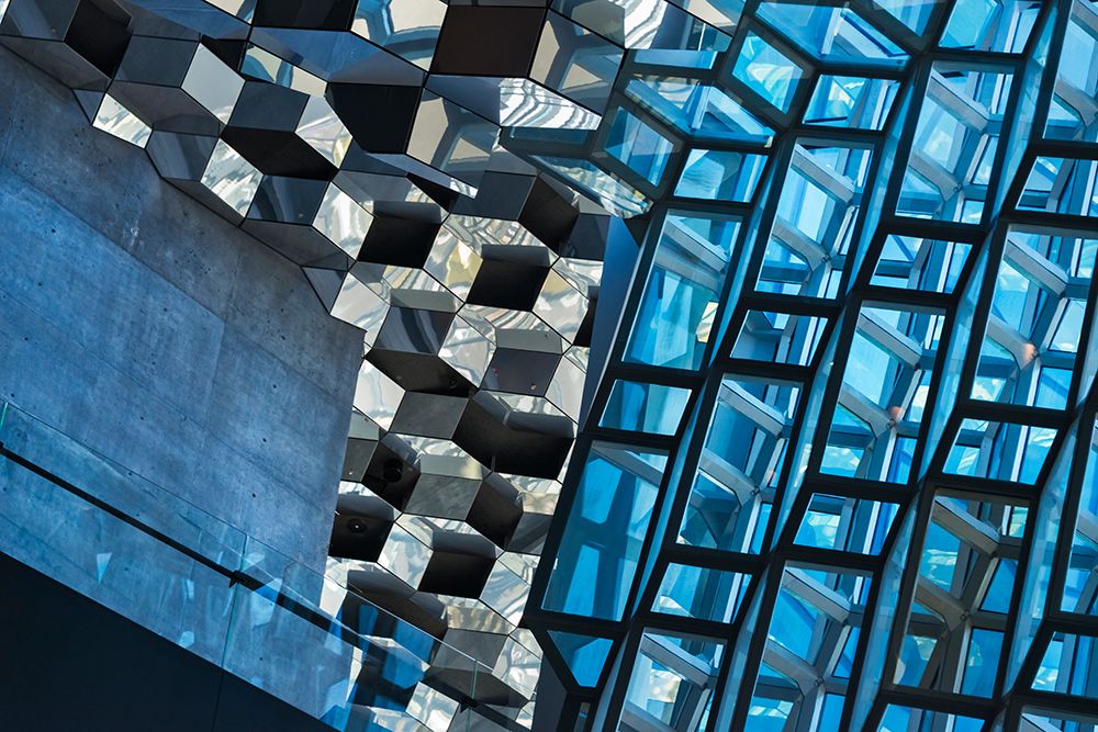 Inside Harpa Concert Hall and Conference Center inspired by the basalt landscape of Iceland-Reykjav